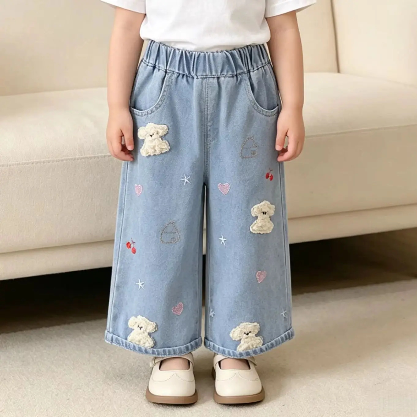 

1-6Y Summer Casual Kids Denim Pants Cute Puppy Cherry Embroidery Jeans For Girls Elastic Waist Children Trousers
