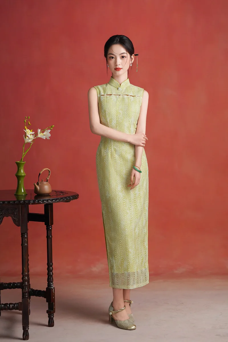 

Sleeveless Chiffon Cheongsam Improved Young Women's Summer Lace Chinese Style Dress Retro Daily Qipao