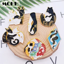 Cartoon Cute Animal Hug Enamel Pins Dragon Snake Koi Cat Fawn Hands Black White Alloy Brooch Badge Jewelry Couple Gift