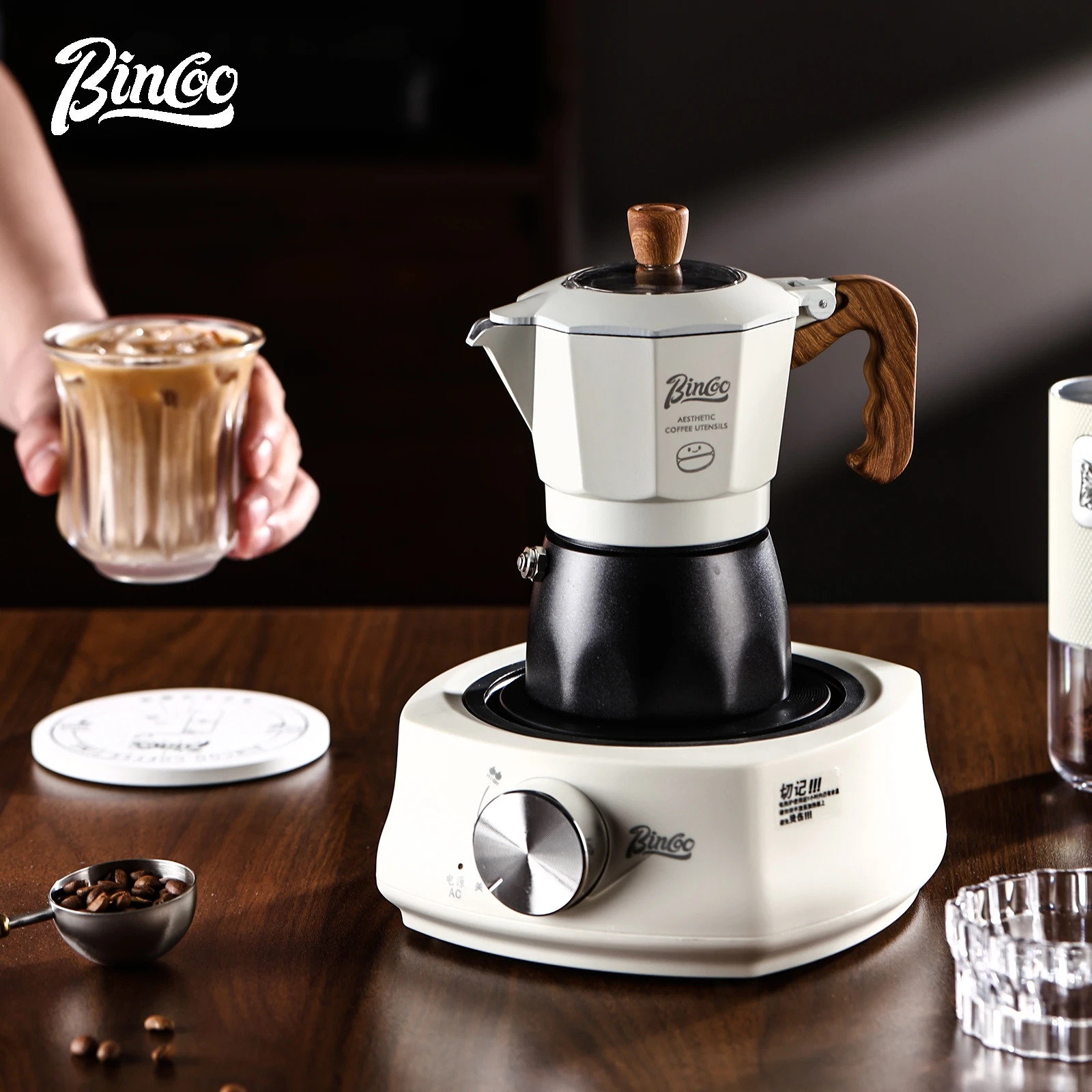 

Bincoo Heated Dual Valve Moka Pot, Italian Espresso Maker, Portable Coffee Machine for Home/Office/Outdoor