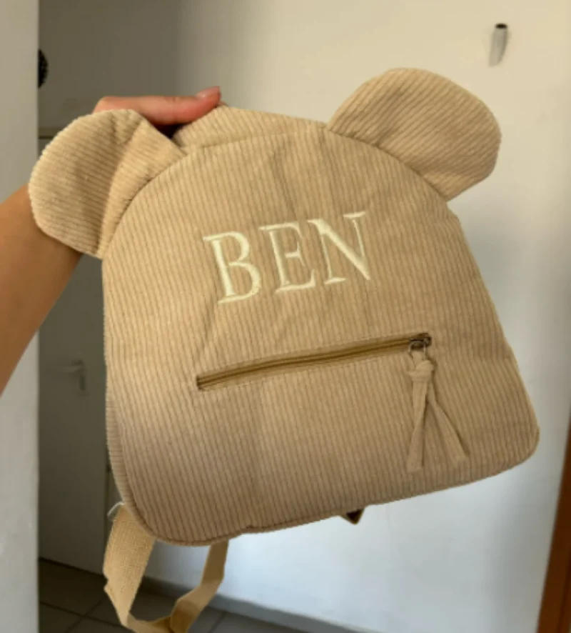 Mochila de oso de peluche de pana personalizada, mochila de guardería, bolsa para caminar para bebé, bolsa de aperitivos, nombre bordado, regalo de cumpleaños