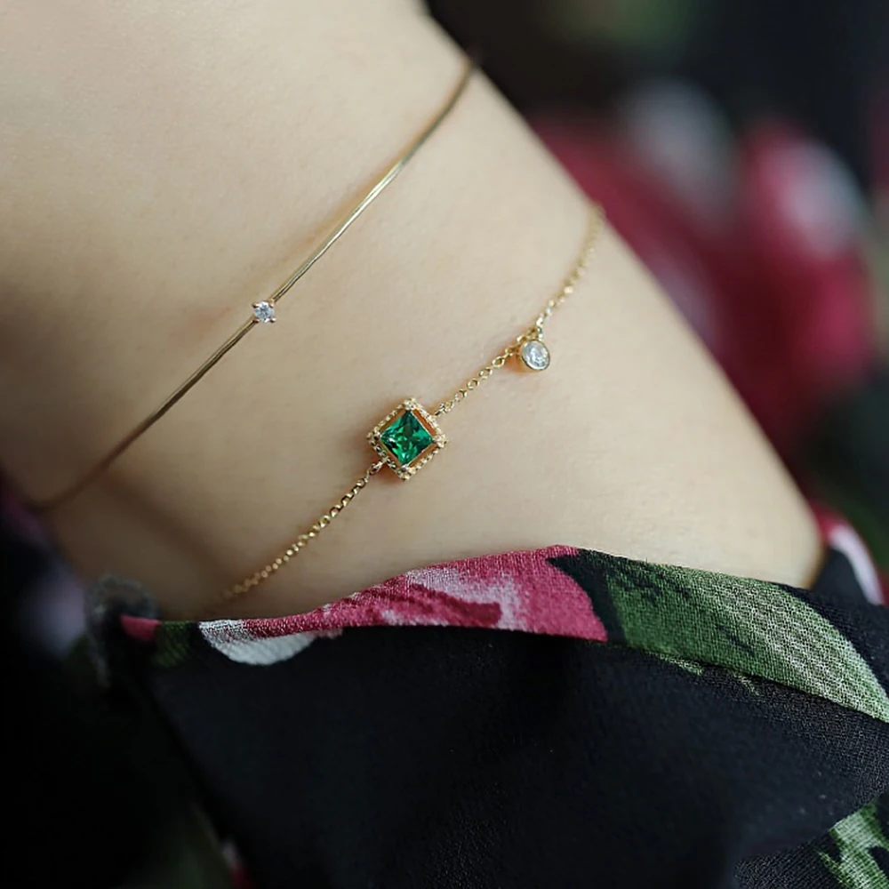 CCFJOYAS 925 Sterling Silver Geometric Square Emerald Zircon Bracelet Simple INS Gold Silver color Women Chain Bracelet Jewelry