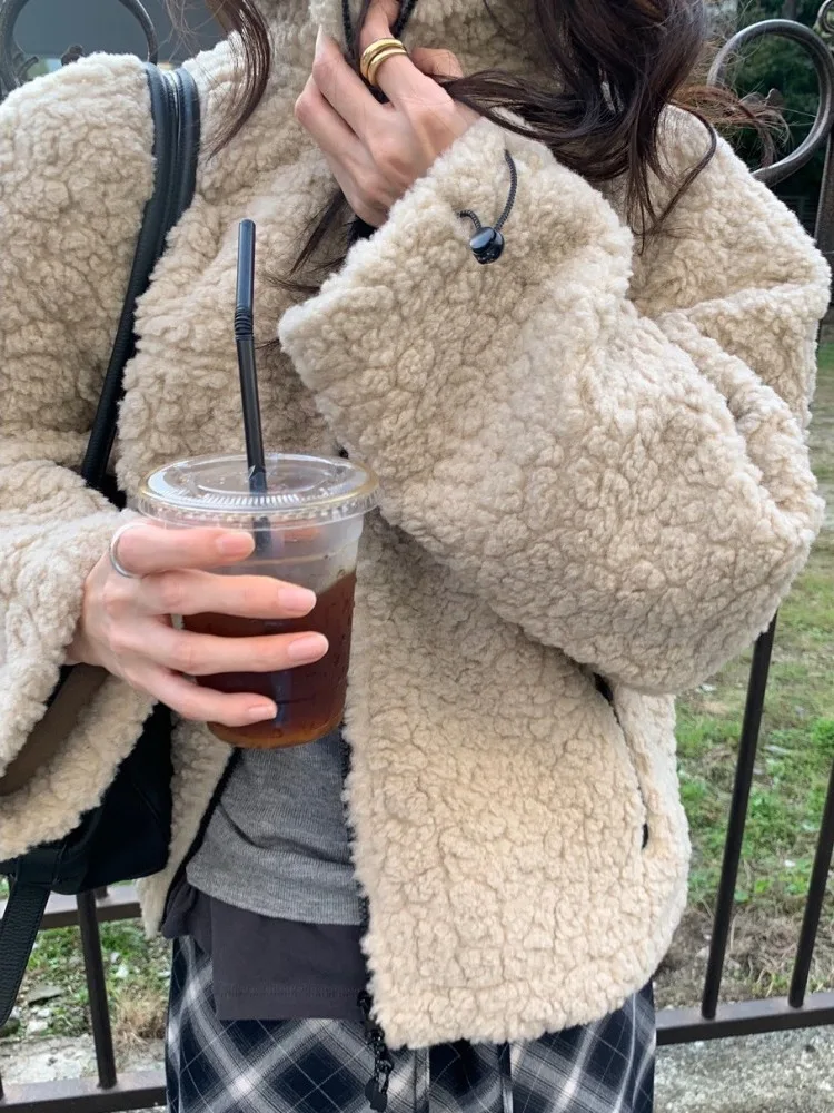 الكورية Sle فضفاضة تناسب فرو الضأن Jaet المرأة شتاء جديد صغير الحجم العصرية الوقوف طوق Dstring ملابس خارجية دافئة #2