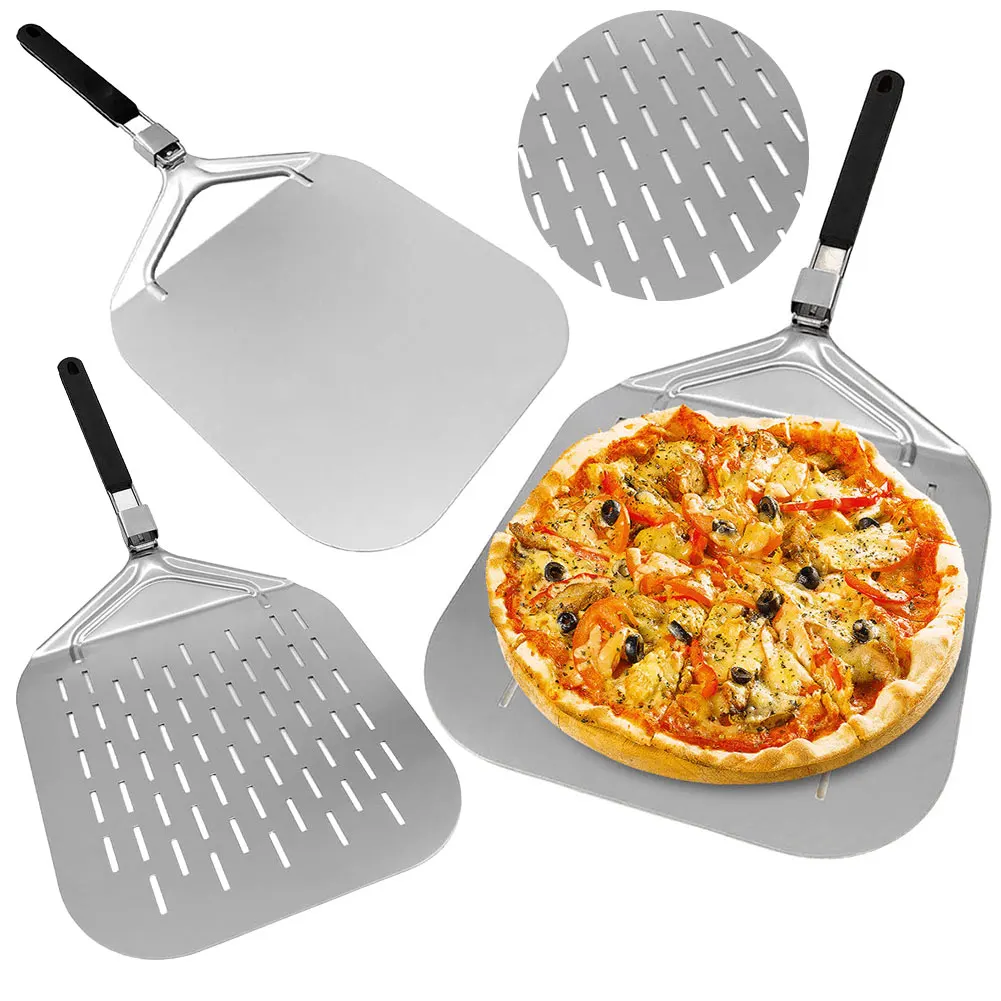 

Stainless Steel Rectangular Pizza Shovel with Foldable Handle Perforated Pizza Paddle Non-Stick Multi-function for Baking