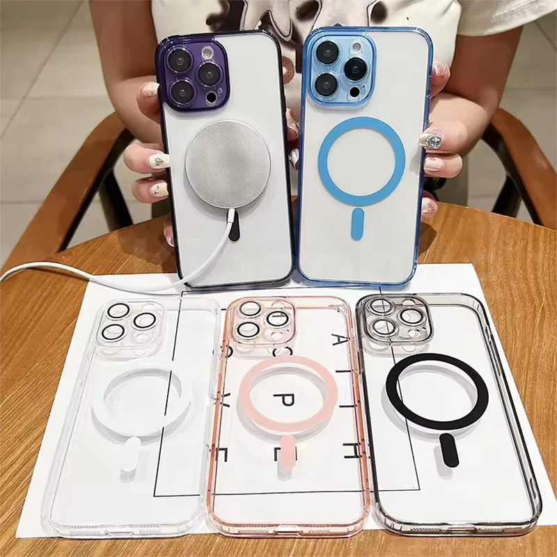 حافظة فاخرة شفافة هجينة بلون الحلوى الصلبة لهاتف آيفون 17 Air 16 15 14 13 12 11 Pro Max Plus مغناطيسية Magsafe Soft Tpu Shell