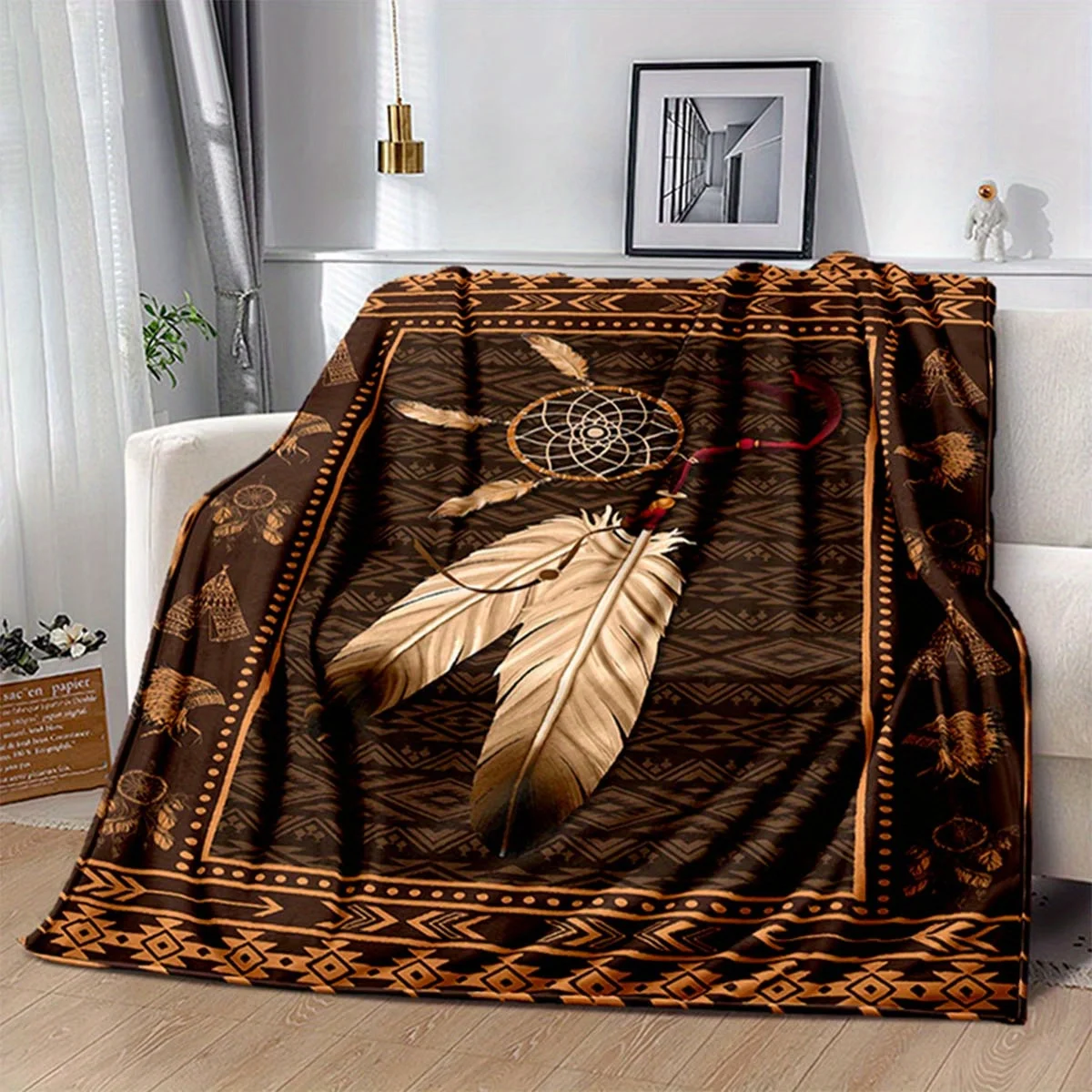 All Seasons Flannel Blanket Thickened Soft Tribal Feather Pattern, for Couch Bed Camping Travel Home Decor, Machine Washable