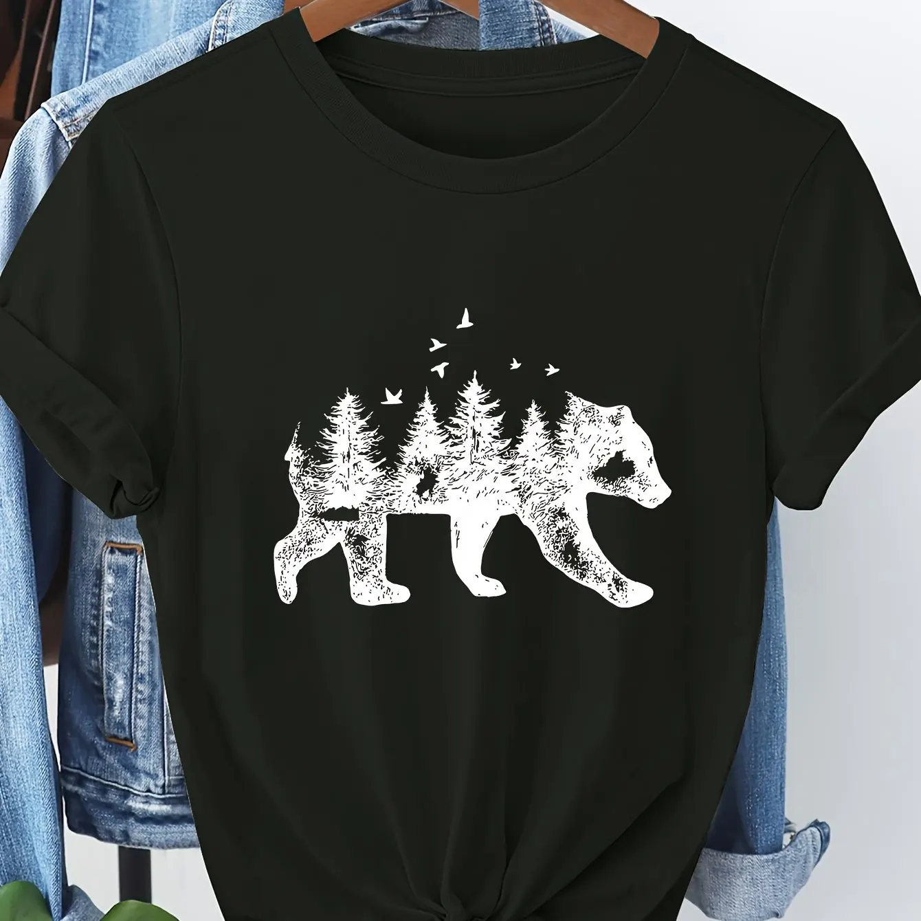 men and Women Black Bear Graphic T-Shirt - Full Tee with Bear Pine Trees Birds Design for Casual Everyday Formal Outfits