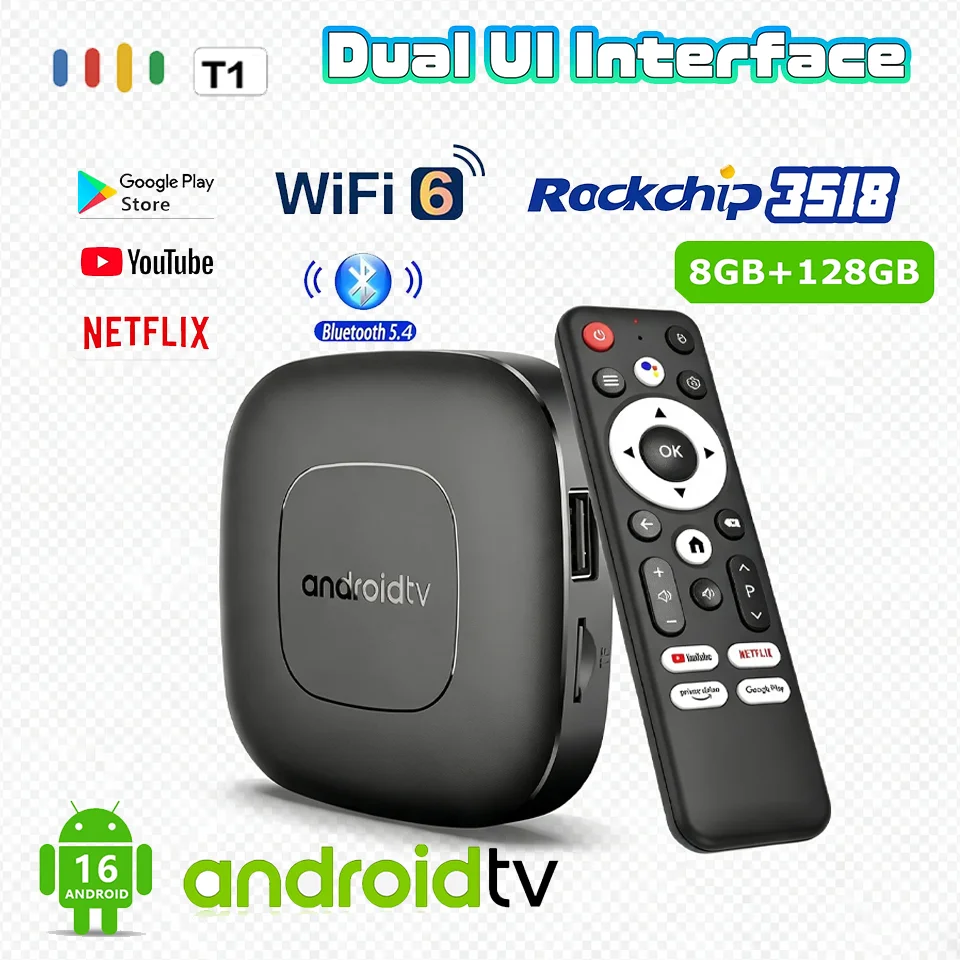 Original PackingTV Box Google Assistant Voice Control 8GB 128GB 4K Wifi6 BT5.4 T1 RK3518 4K Video Media Player TV Set Top Box