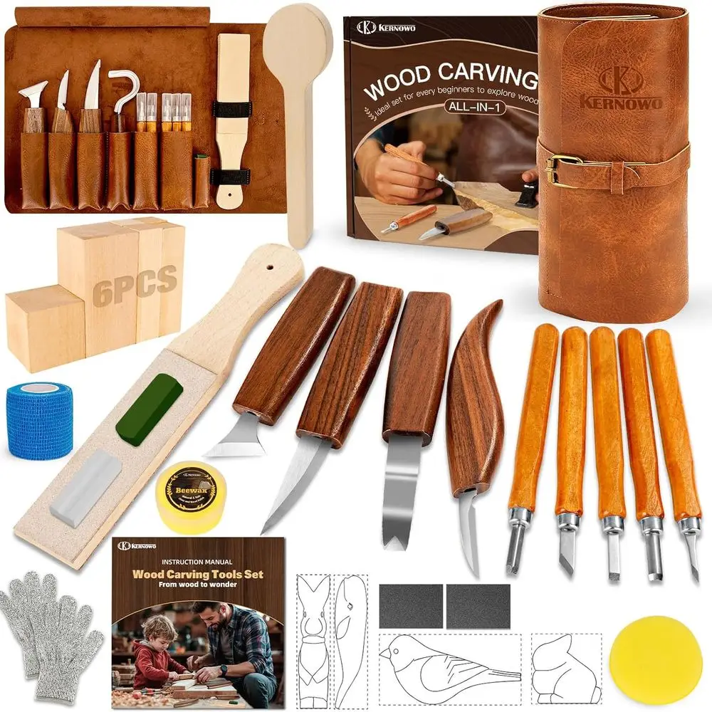 

Complete 32-Piece Wood Carving Set with Bag, 4 Templates, and 11 Knives for Beginners