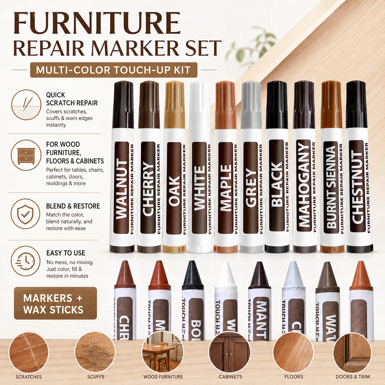 Woode Furniture Repair Pens Touch Up Markers Filler Sticks Wood Scratches Restore Patch Paint Pens Wood Composite Repair