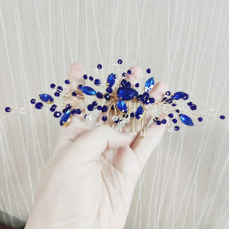 Blue Rhinestone Flower Bridal Hair Combs Wedding Headwear Brides Hair Accessories Party Hair Jewelry Fashion Bridesmaid Tiaras