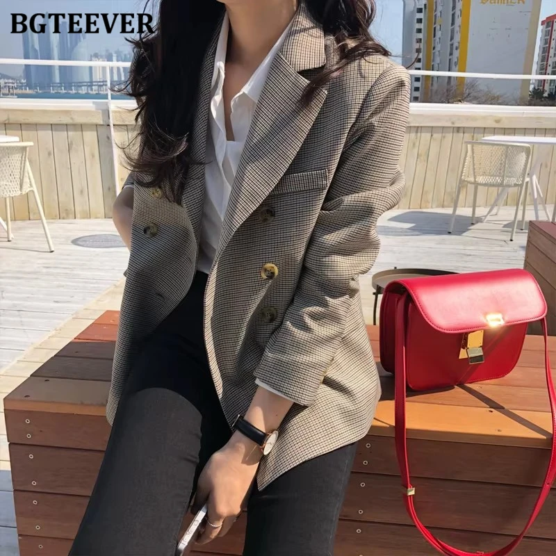 BGTEEVER Classic Plaid Double Breasted Women Jacket Blazer Notched Collar Female Suits Coat Fashion Houndstooth blazers