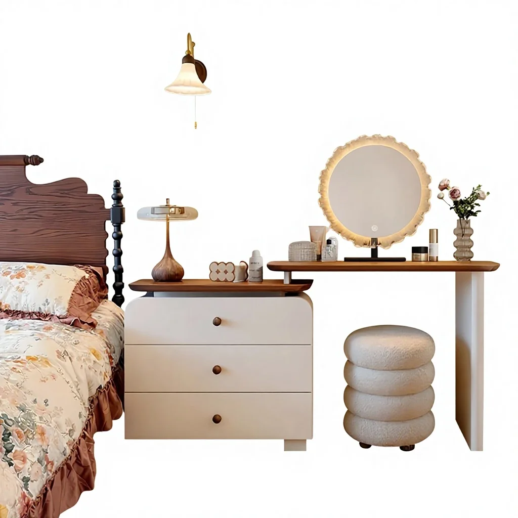Vintage Cream-Colored Solid Wood Dressing Table Walnut-Colored Chest Drawers Bedroom Storage Vanity Makeup Table