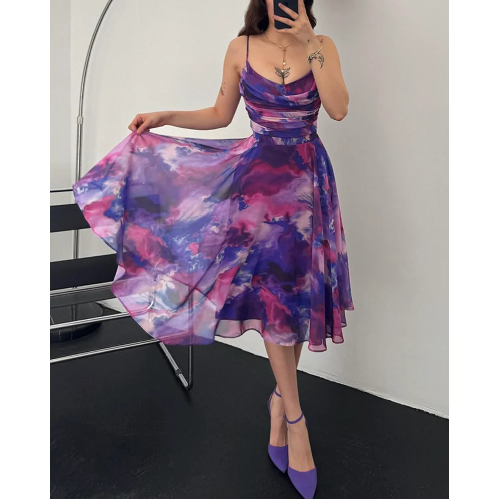 Summer Women Dress Ombre Print Spaghetti Strap Cowl Neck Dress Casual A Line Sheer Mesh Dress for Party Evening Vestidos