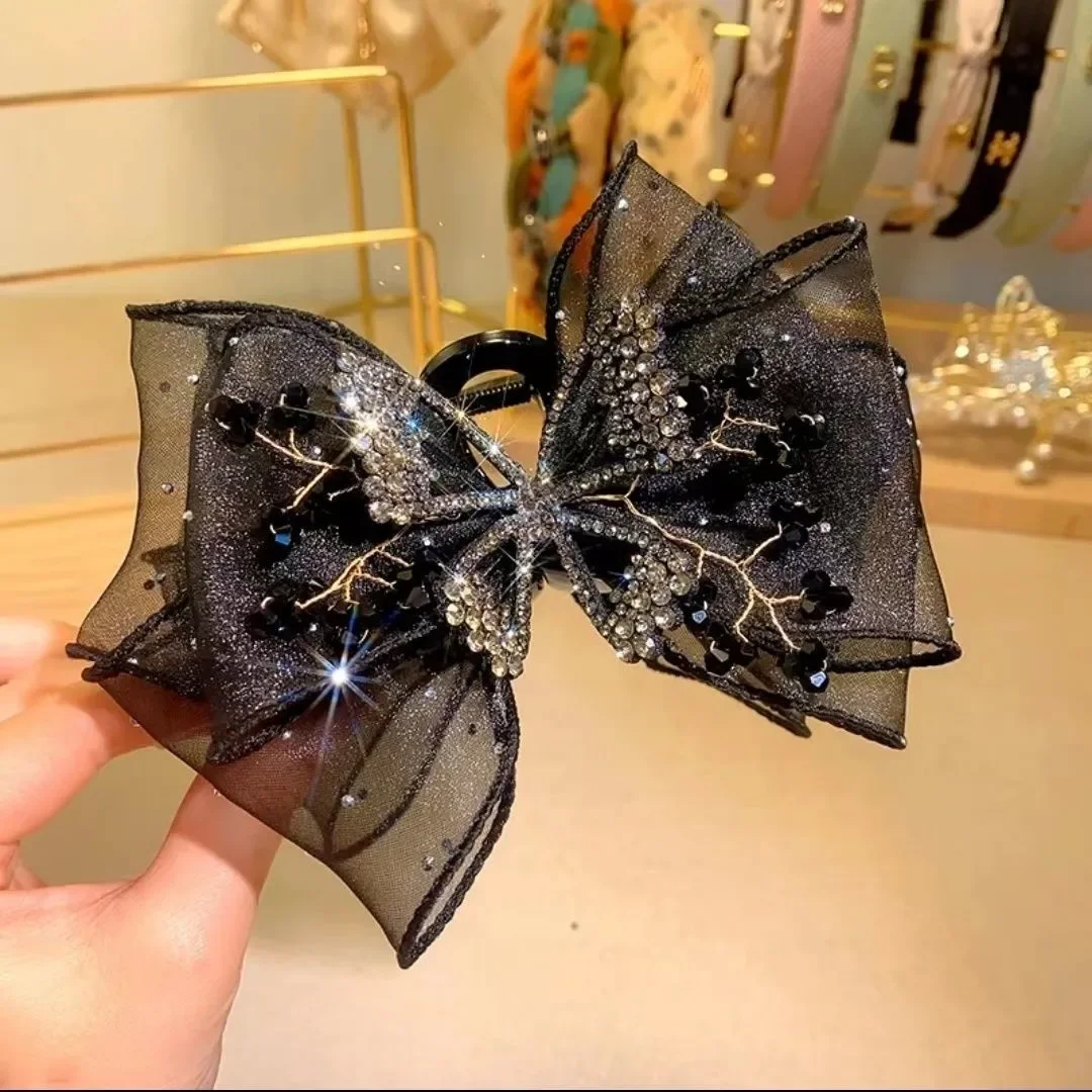 Female Cute Black Shiny Rhinestone Butterfly Hairpins Rope for Women Exquisite Ladies Bowknot Hair Claws New Accessories - Image 2