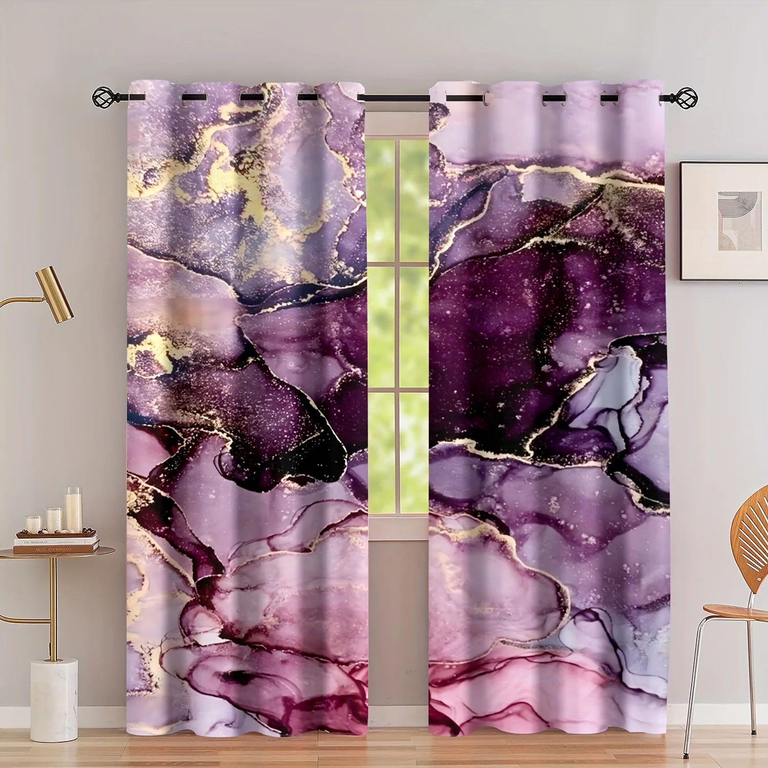 2panels Nordic Golden Leaf Marble Digital Printing Curtain Grommet Top Curtain Living Room Bedroom Kitchen Office Home Decor