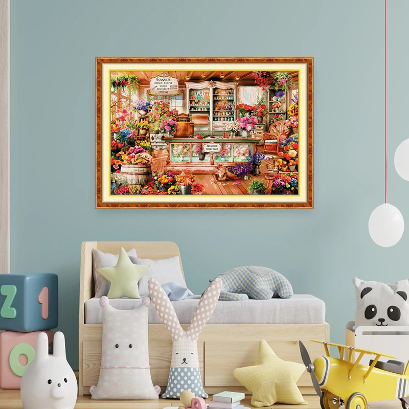 

Joy Sunday Flower Shop Pattern Cross Stitch Kit Home Decor DMC Thread 16/14/11CT Counted Printed Canvas Hand Embroidery Set