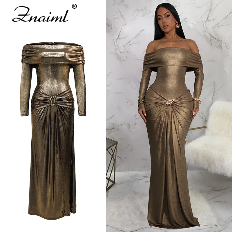 Znaiml Elegant Evening Party Skinny Stretch Slash Neck Full Sleeve Ruched Metal Buckle Ribbon Birthday Luxury Bodycon Vestidos
