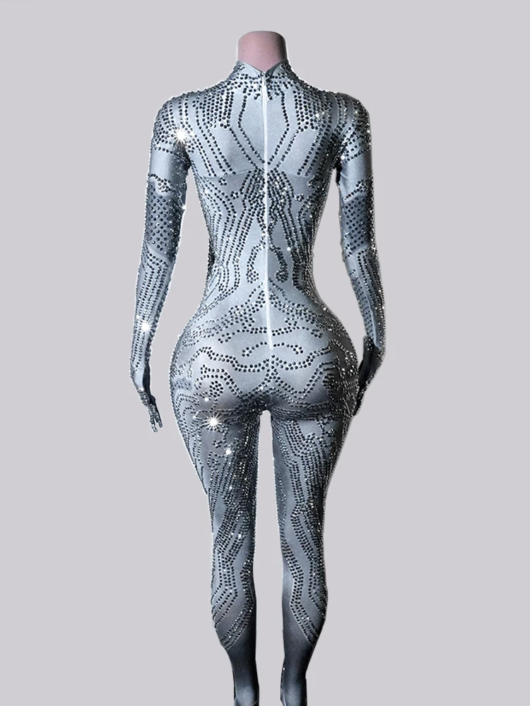 Combinaison à manches longues en cristal argenté à paillettes, Costume de traînée, spectacle de chanteur, spectacle de Femme, tenue pour fille, Club de Festival
