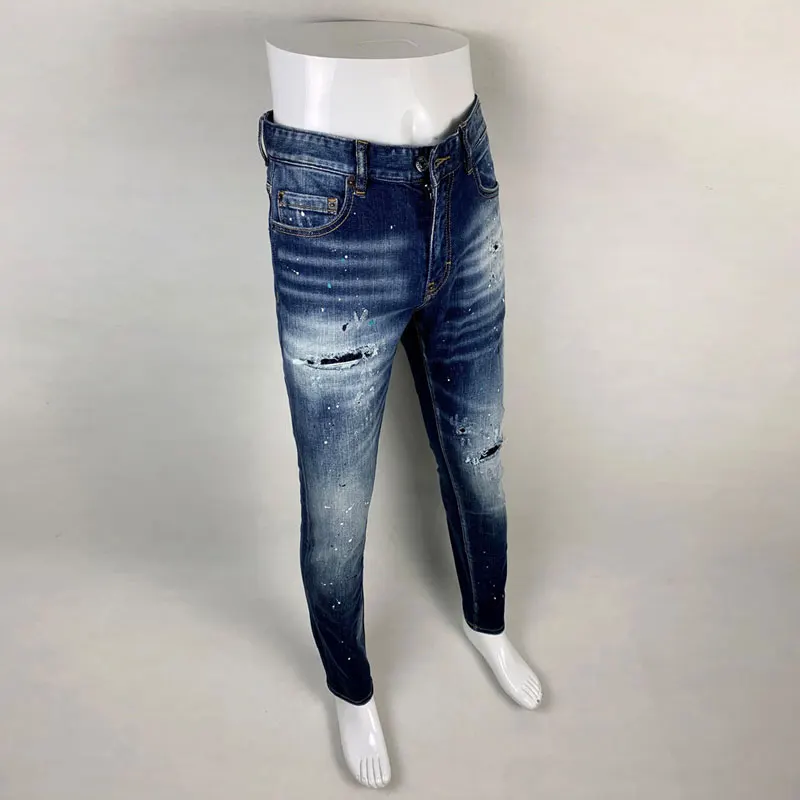 High Street Fashion Men Jeans Retro Blue Elastic Slim Fit Painted Ripped Jeans Men Vintage Designer Hip Hop Brand Pants Hombre