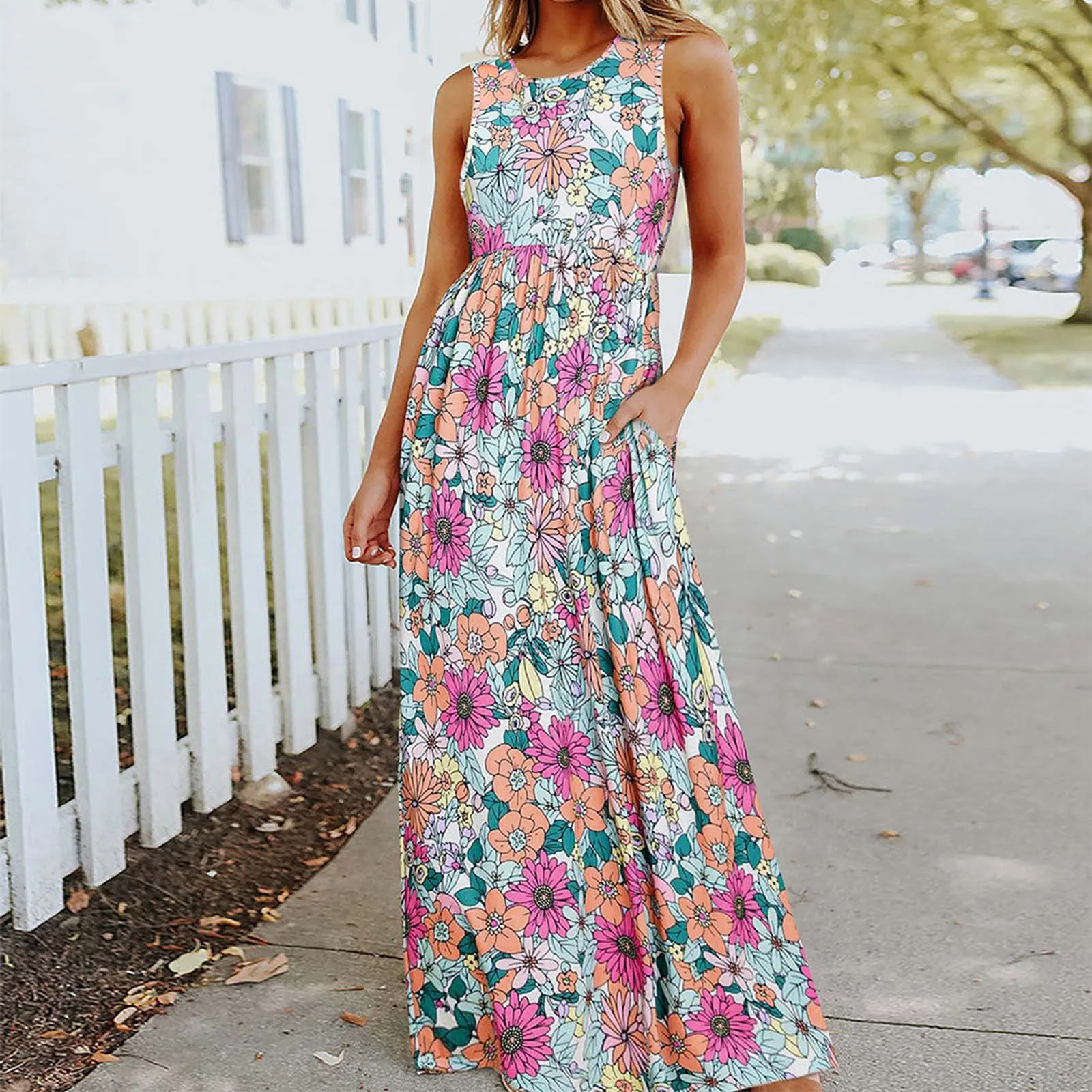 

Women Casual Boho Long Dress O-Neck Sleeveless Floral Print Maxi Dresses Ladies Elegant Summer Holiday Casual Mid Dress Vestidos