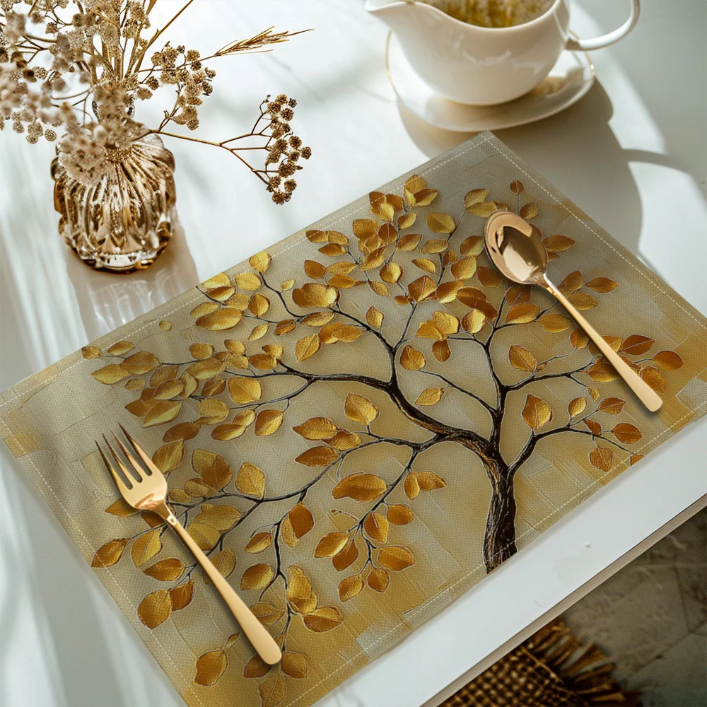 

4pcs, Golden Leaves Tree Printed Placemats, Set of 4 Table Mats, Washable Placemats for Kitchen Dining Table Decoration