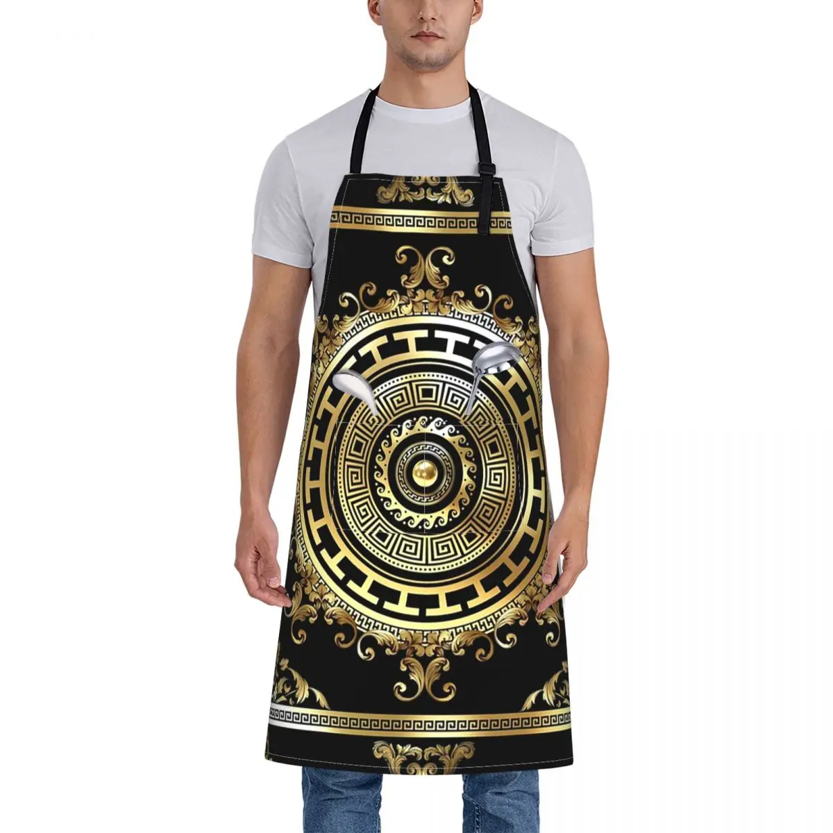 المفاتيح اليونانية الذهب الأسود ميدالية متعرج الباروك مآزر الشيف الطبخ المطبخ Tablier تنظيف المطبخ بينافور للنساء الرجال #2