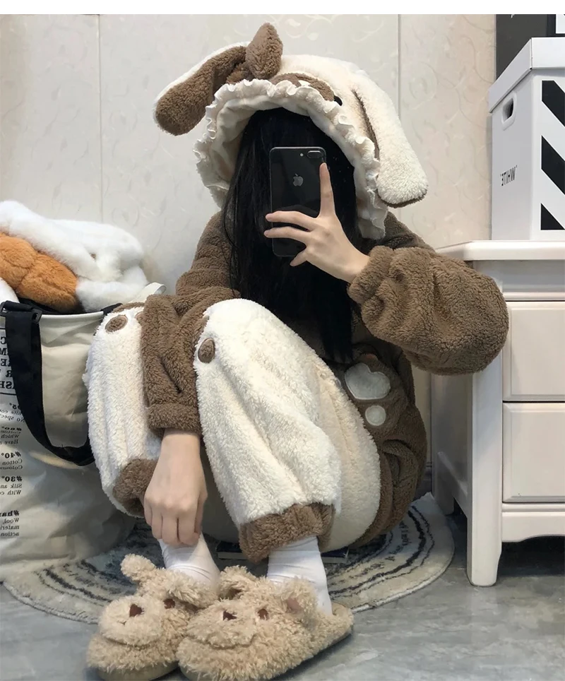 Coral Velvet Pajamas Suit Women 2022 Winter New Thick Plush Home Clothes Suit Female Large Size Hooded Outer Wear Two-piece Set