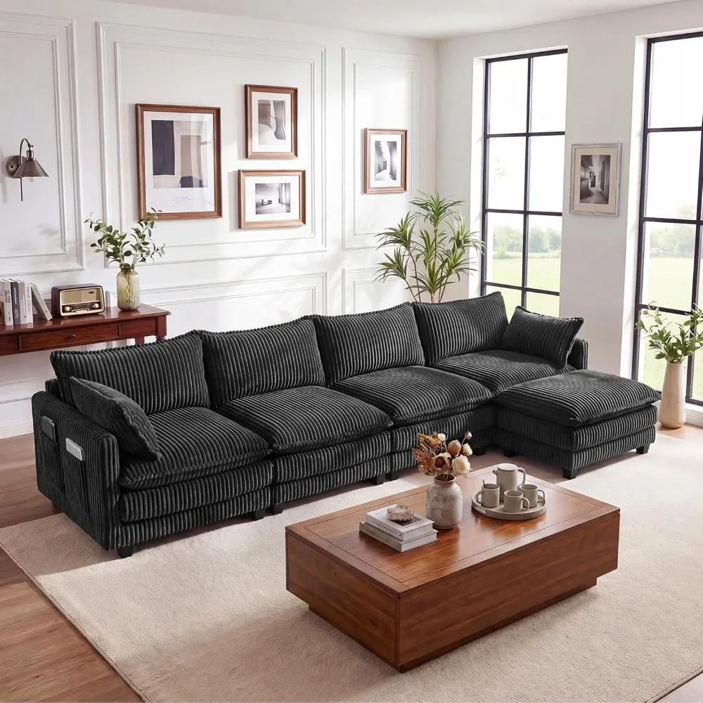 

Extra Wide L Shaped Sectional Couch Comfy Corduroy Upholstery Modern 3 Seater Sofa with Movable Ottoman Dark Grey