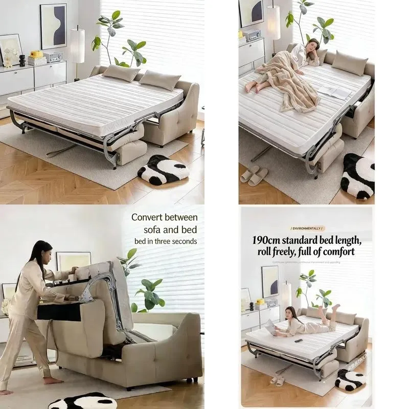 Modern metal frame leather L-type reclining folding sofa bed with single/double bed function, environmentally friendly,
