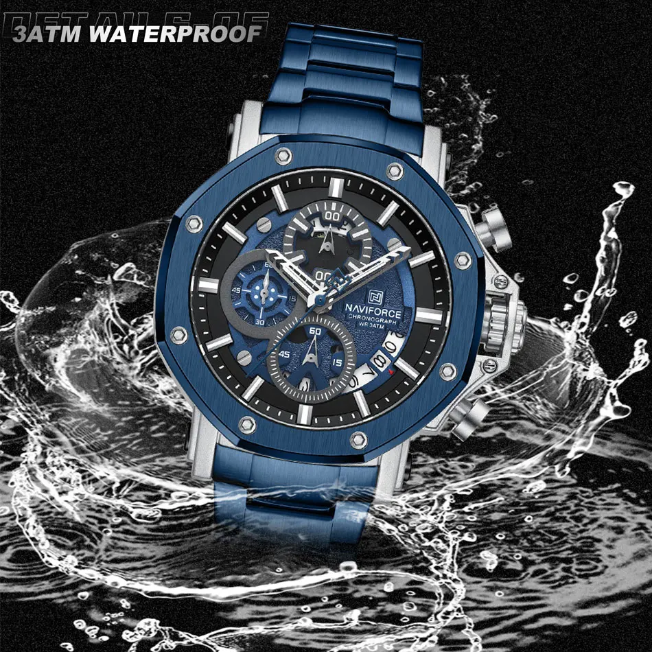 NAVIFORCE Watch for Men Big Dial Stainless Steel Waterproof Chronograph Wristwatches with Date Brand Luxury Relogio Masculino