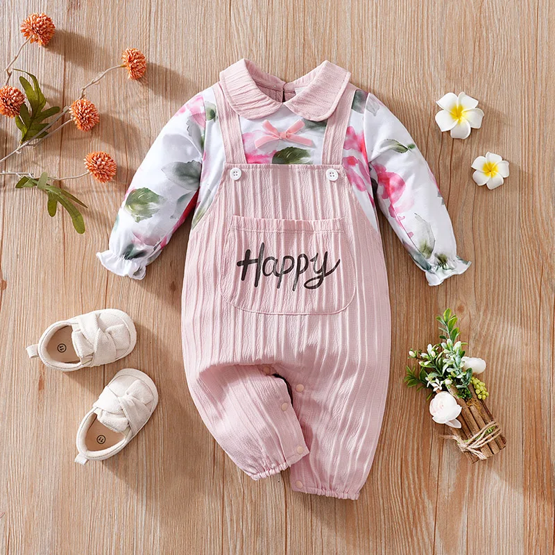 Ropa Para recién nacido con tiras onduladas y flores suaves cómodas para niños y niñas, mono de bebé de manga larga para primavera y otoño, 0-18