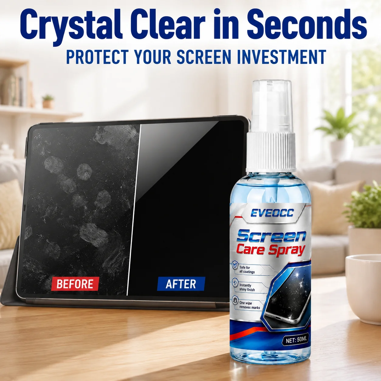 EVEOCC Multi‑Purpose Screen Care Spray, One Wipe Removes Marks Anti‑Smudge Cleaner for Electronic Device Screens
