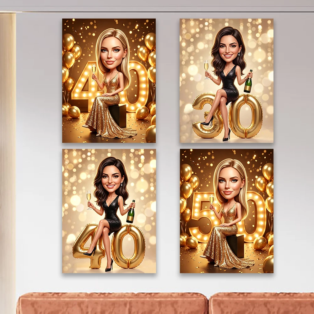 Custom Lady Birthday Cartoon Portrait Poster Custom Caricature Portrait Prints 30 40 50 Birthday Canvas Painting Party Gifts