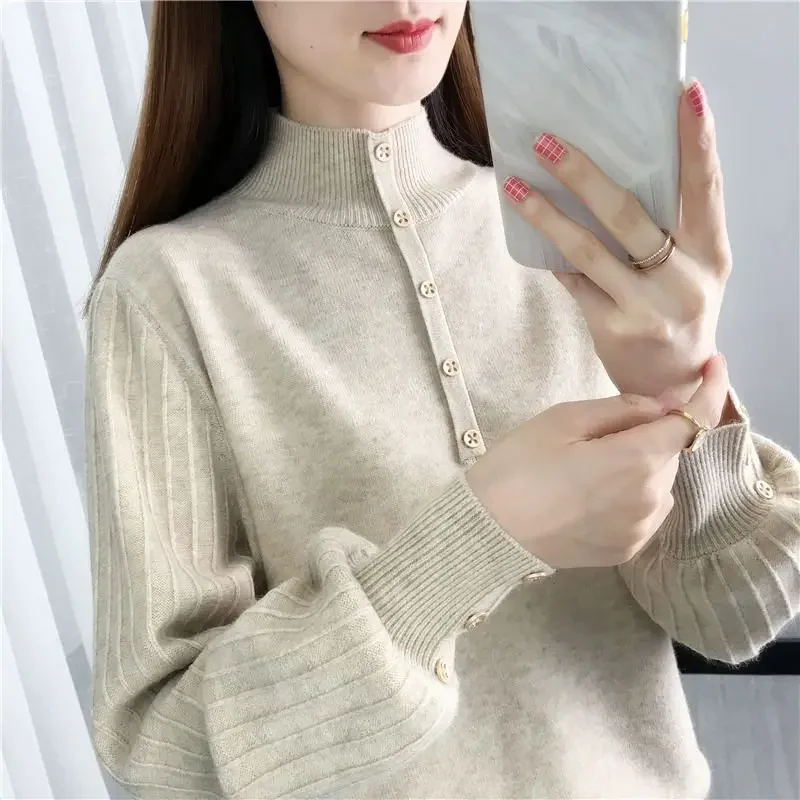 

Autumn Winter Long Sleeves Knitted Sweater Button Pullover Chic Design Tops Women Clothing Trend Bottom Shirts Half Turtlenecks