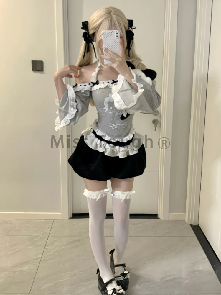 Autumn Sweet Cute Thin 2-piece Set Women Design Chic Bow Off Shoulder Long Sleeve Tops Female + High Waist Solid Short Pants Set