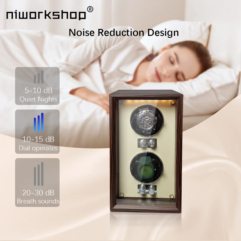 Niworkshop Watch Winder for Automatic Watches,2 Slots Wood Watch Box with Quiet Motor,LED Light,Adjustable Watch Pillows.