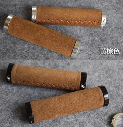 FREE-Q1064 Bicycle Grips Leather Bike Set Anti-plush Leather Breathable Sweat Retro Mountain Handlebar Sets Brown Black