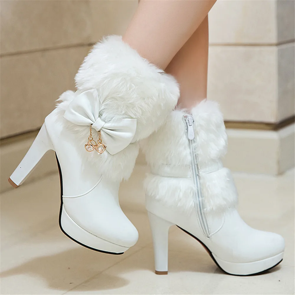 2024 Winter Womens Fashion High Heel Boots Pink White Black Fur Tassel Bowtie Lovely Lolita Ladies Party Wedding Shoes size32-43