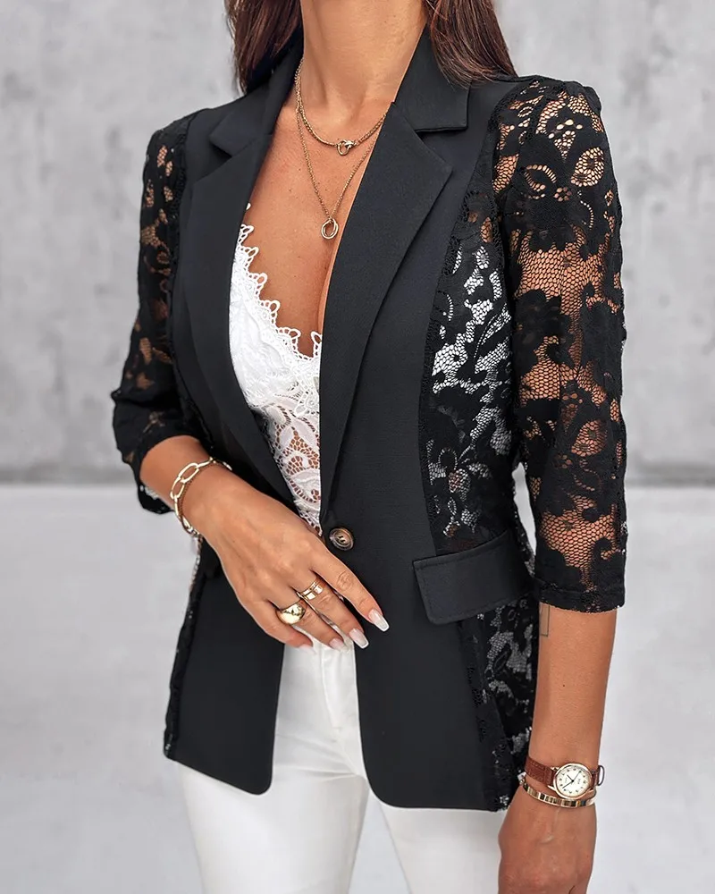 Autumn Women Suit Elegant Turn-down Neck Lace Patch Single Button Flap Detail Sheer Blazer Coat