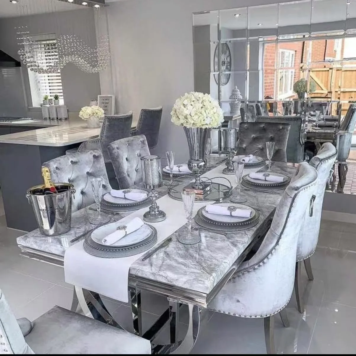 DSA dining table and chair combination stainless steel light luxury fashion restaurant dining table  chair combination backrest