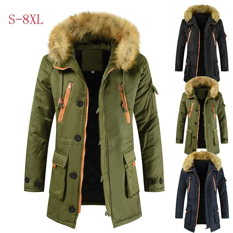 Boys Thick Hooded Faux Fur Collar Army Green Fluffy Coat Mens Winter Long Parkas Oversized Couple Clothes Overcoat Male 7xl 8xl