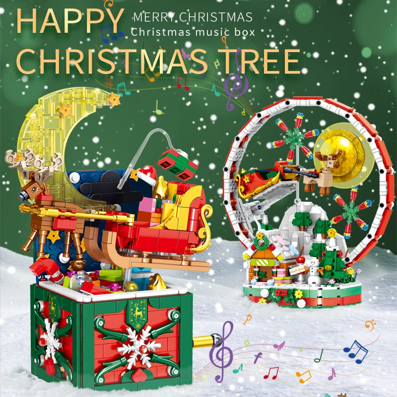 City Christmas Mini 722PCS Lighting Ferris Wheel Building Blocks Moon Gifts Box Elk Carriage Figures Bricks Toys For Children