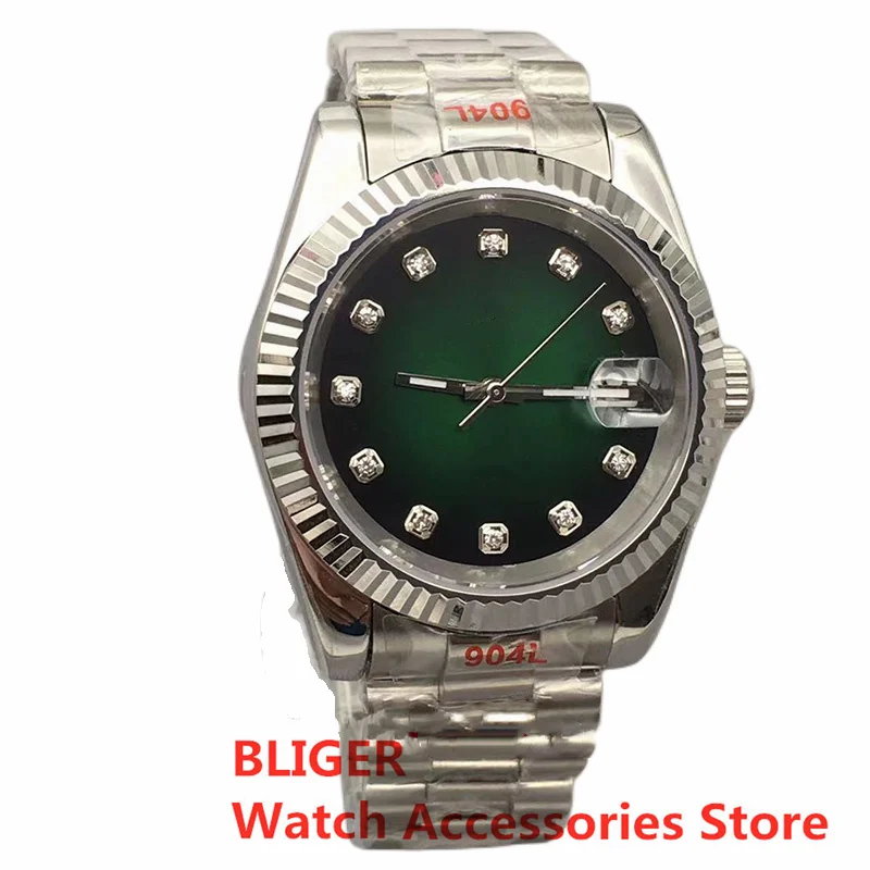 

BLIGER 36mm/39mm NH35A Silver Case Diamond Index Automatic Mens Watch Sapphire Glass Fluted Bezel President Bracelet