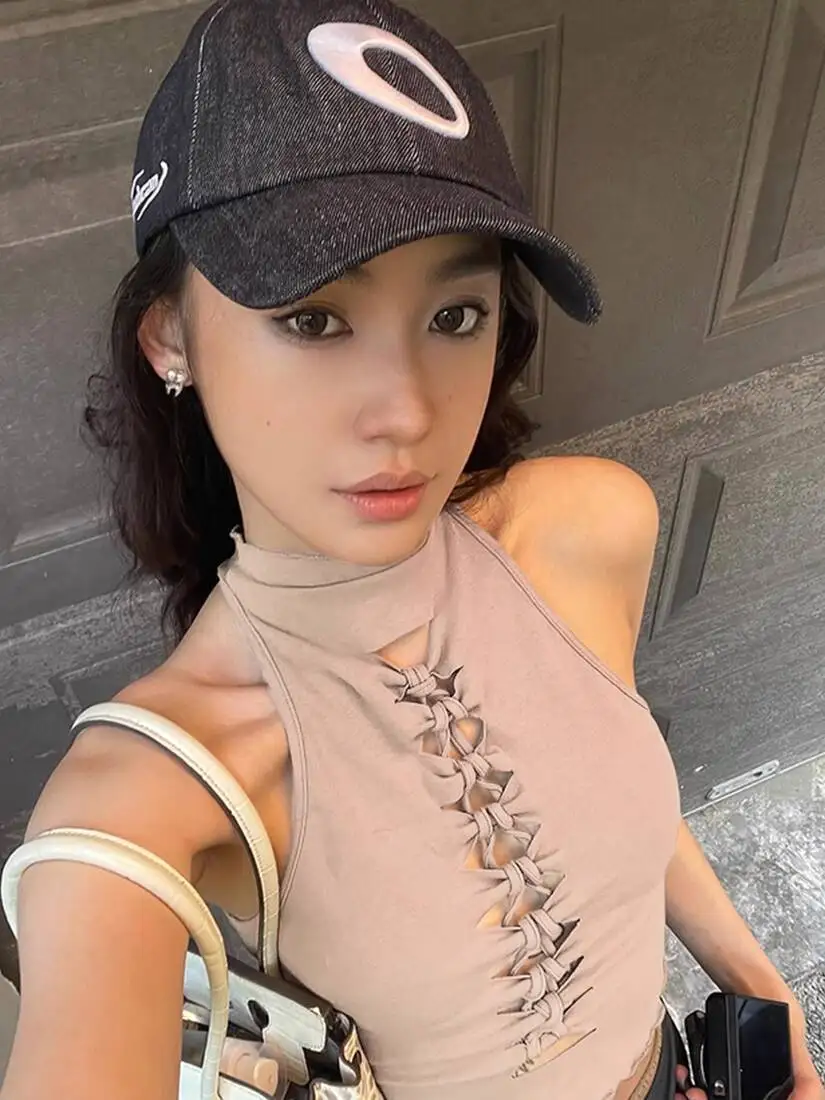

Women Crop Top Vest Camisole 2025 Retro Khaki Sleeveless Tank Top Women's Multi Cutout Street Vibe Slim Fit Versatile E Girl Top