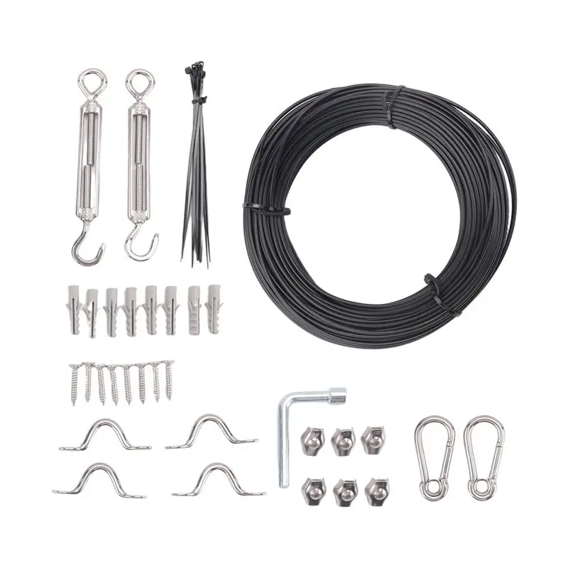 

ABKJ-Outdoor String Light Hanging Kit, 200 Ft. Stainless Steel (304) Hanging Rope Cable, Black Vinyl Coating, Swivel Buckle