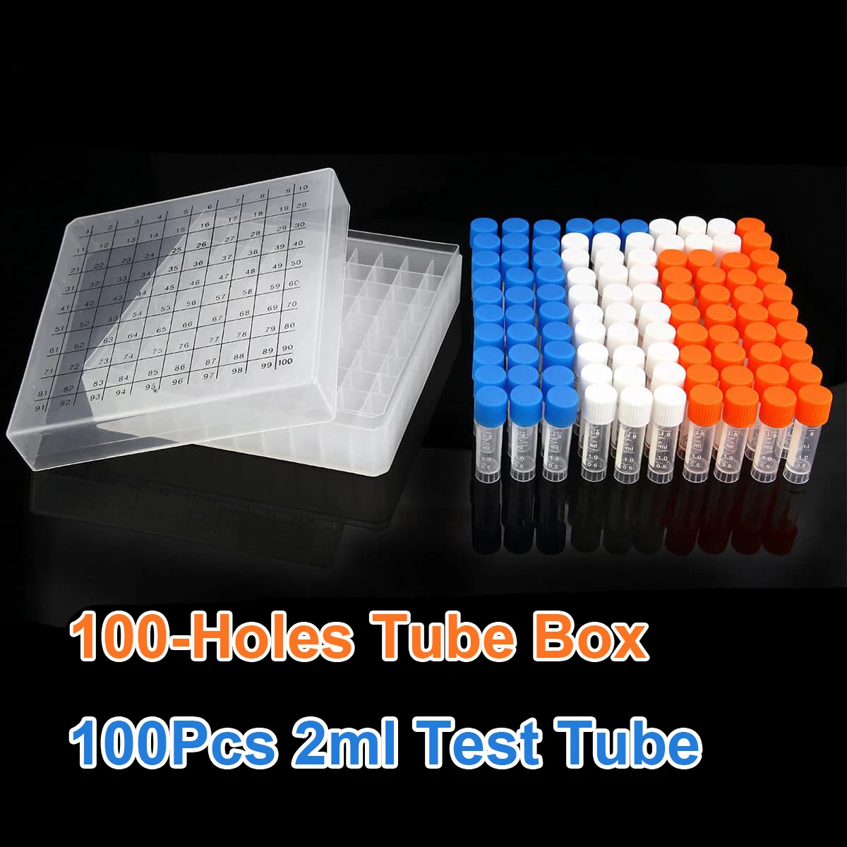 100PCS 2ml Plastic Small Vials with Screw Caps Sample Tubes Cryotubes with 100-Holes tube box, Free from DNase, RNase, Human DNA