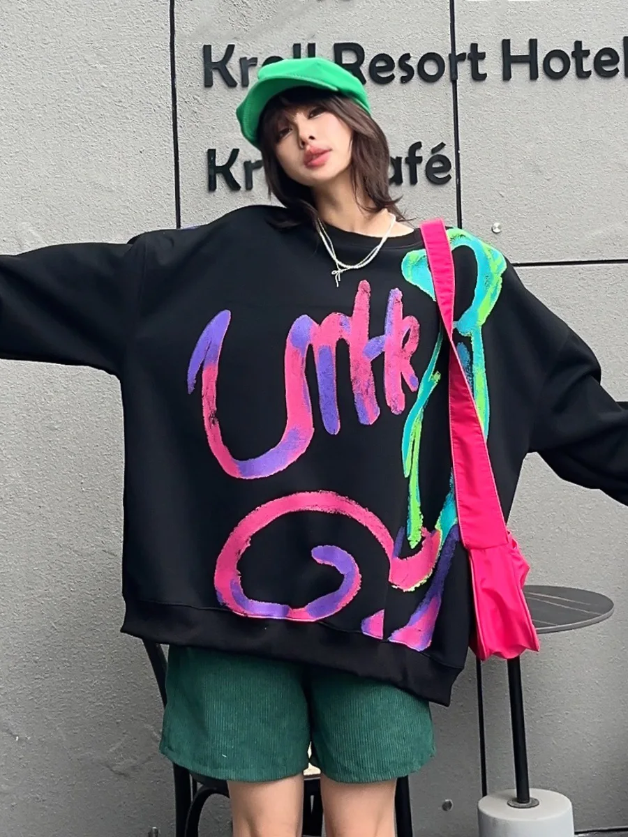 Graffiti Pullover O Neck Long Sleeve Oversized Tops Women 2024 New Y2k Clothes Casual Loose Sweatershirts Sportwear Outwear