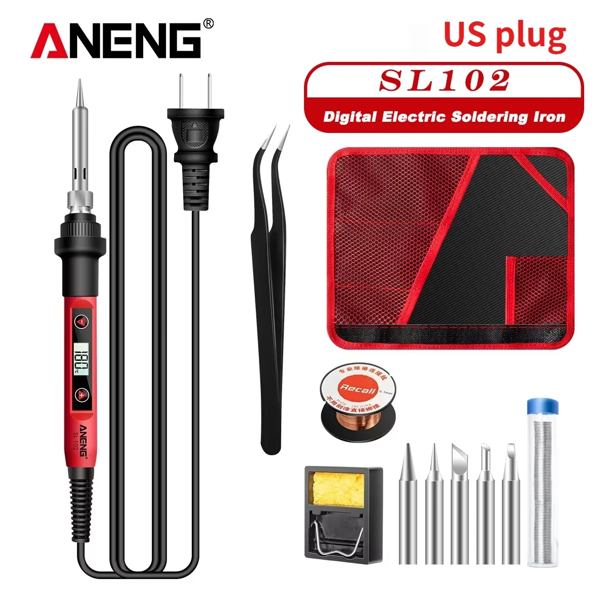 

Цифровой паяльник ANENG SL102 60W с регулируемой температурой 180-520°C ° Инструмент для ремонта сварочных аппаратов с 5 насадками, вилка стандарта США