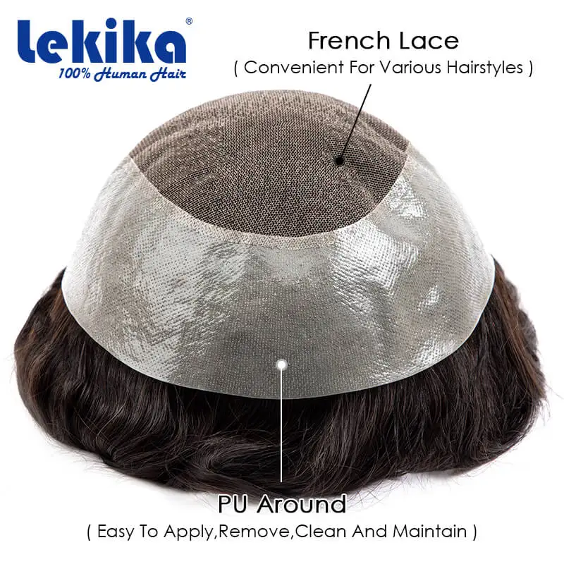 Australia Toupee Men French Lace & 0.06-0.08mm Wide Knotted PU Wig 100% Natural Human Hair Replacement Unit Male Hair Prosthesis